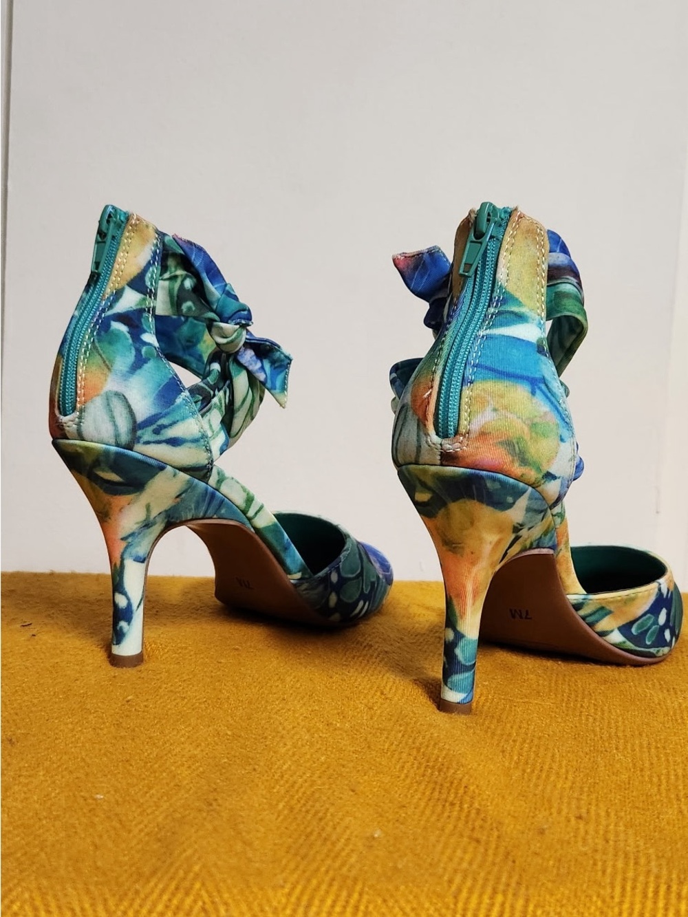 Impo Teal Multi Floral Peep-Toe Heels with Back Zip and Bow